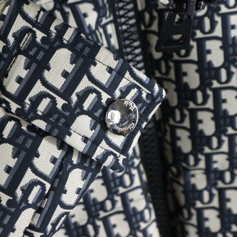 DIOR(ディオール) 24AW オブリーク トロッター総柄 ジャガード ウエストマーク ベルト付き スタンドカラー ジップアップ ダウンジャケット ネイビー レディース 417C70A2968