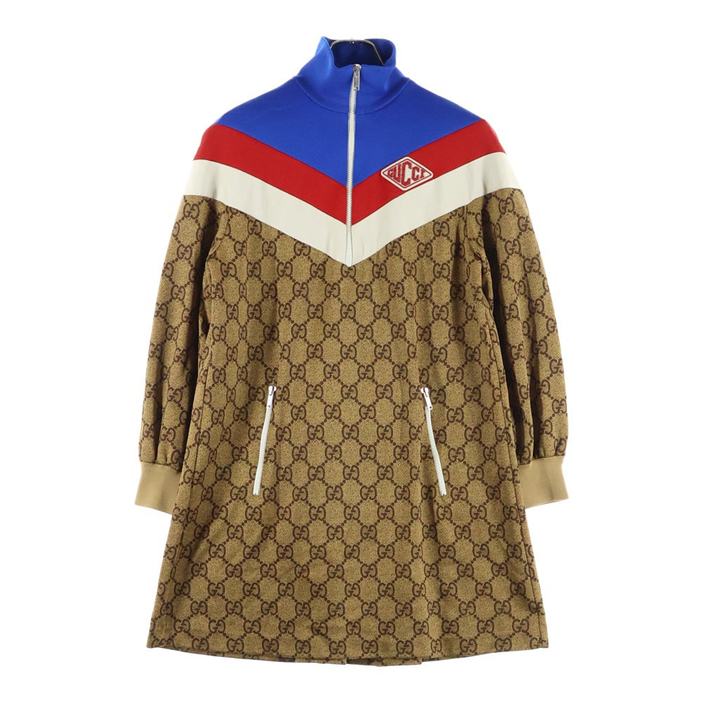 GUCCI(グッチ) GG総柄プリント切り替え ラバーワッペンロゴ ハーフジップ テクニカル ジャージー ロングスリーブ 長袖 ドレス ワンピース ブラウン/ブルー レディース 526526