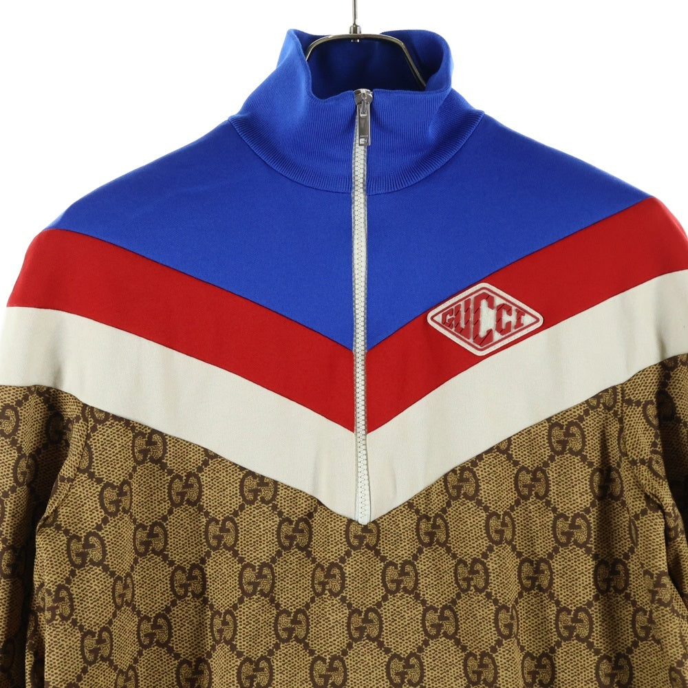 GUCCI(グッチ) GG総柄プリント切り替え ラバーワッペンロゴ ハーフジップ テクニカル ジャージー ロングスリーブ 長袖 ドレス ワンピース ブラウン/ブルー レディース 526526