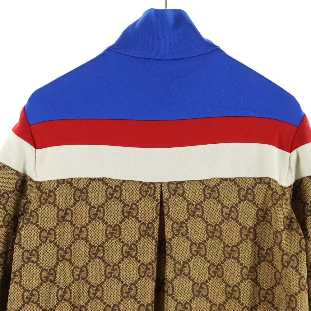 GUCCI(グッチ) GG総柄プリント切り替え ラバーワッペンロゴ ハーフジップ テクニカル ジャージー ロングスリーブ 長袖 ドレス ワンピース ブラウン/ブルー レディース 526526