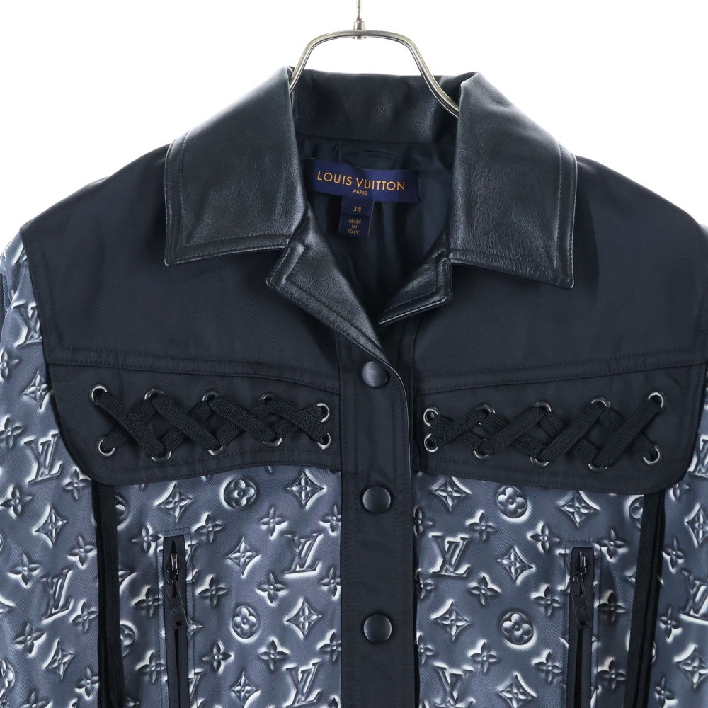 LOUIS VUITTON(ルイヴィトン) 20SS モノグラム柄プリント 切り替え レースアップ スナップボタン ナイロン ショート クロップド ジャケット ブラック/グレー レディース RW201A TSS FIJA18