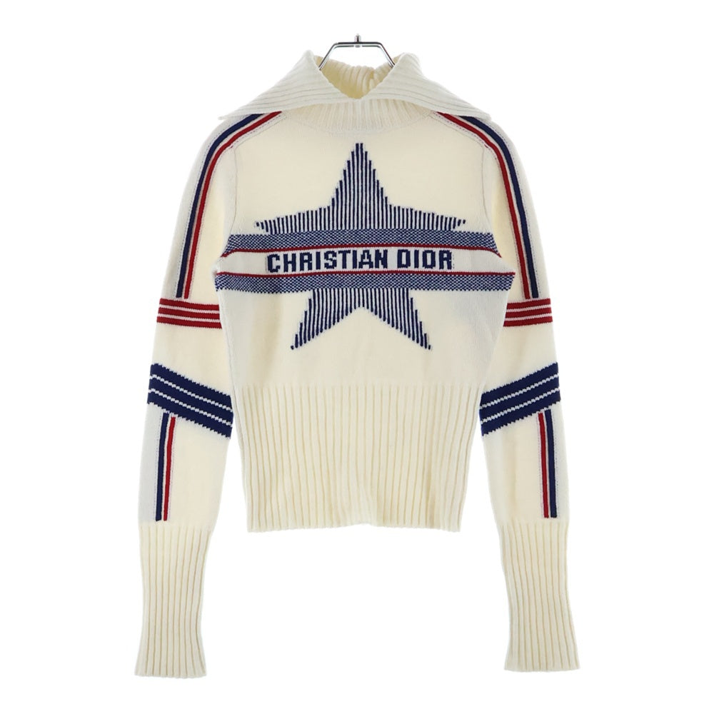 Christian Dior(クリスチャンディオール) スター 星 ロゴ ジャガード カシミヤ混 ウール タートルネック ロングスリーブ 長袖 ニット セーター ホワイト レディース 144S77AM134