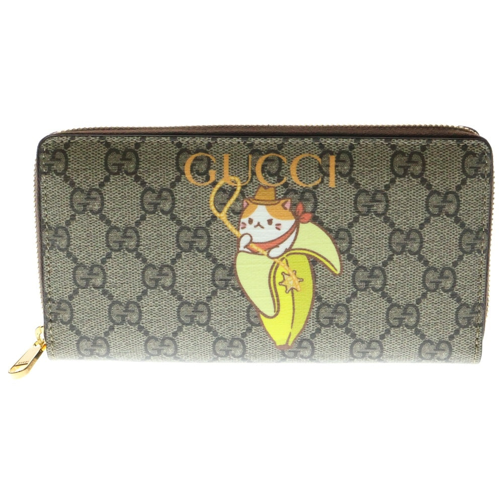 GUCCI(グッチ) ×ばなにゃ GGスプリーム ウエスタン プリント キャンバス ラウンドファスナー ロングウォレット 長財布 ゴールド金具 ベージュ 701060