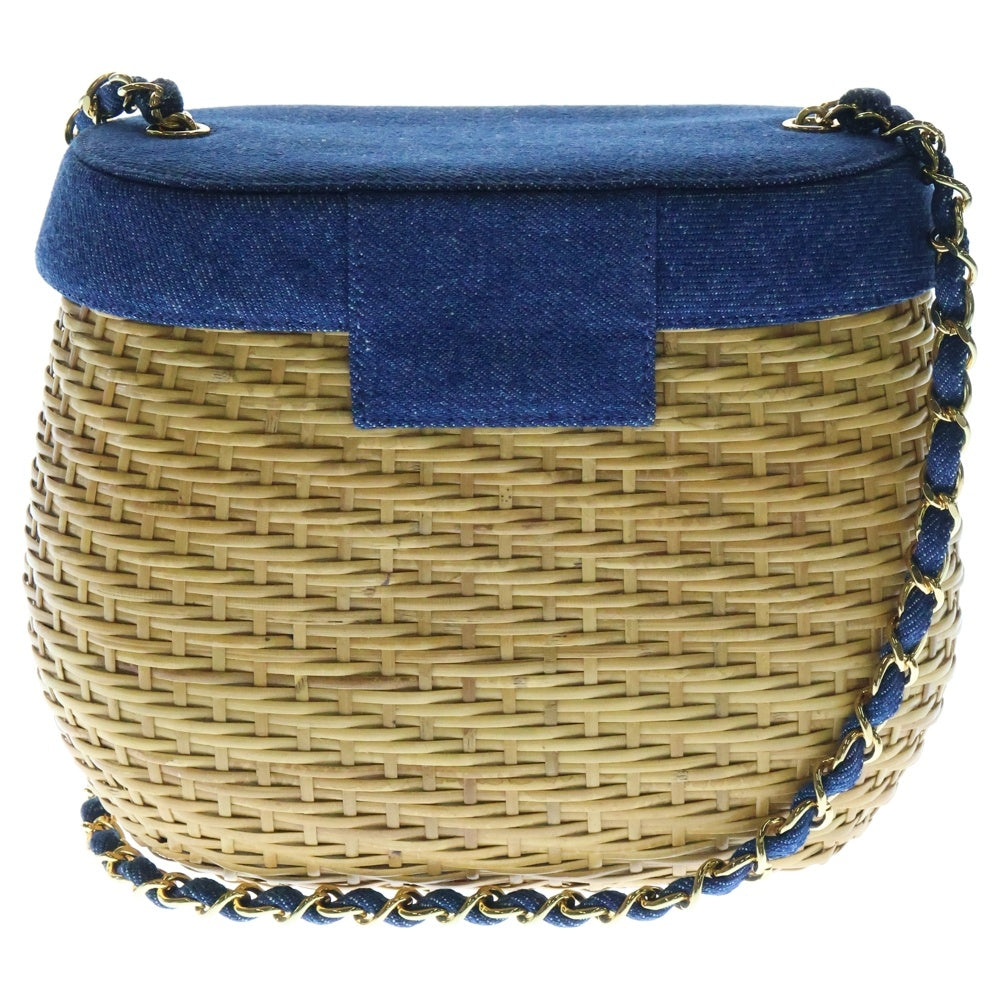 CHANEL(シャネル) ココマーク デニム切替ストローチェーンショルダーバッグ カゴバッグ ベージュ/インディゴブルー レディース