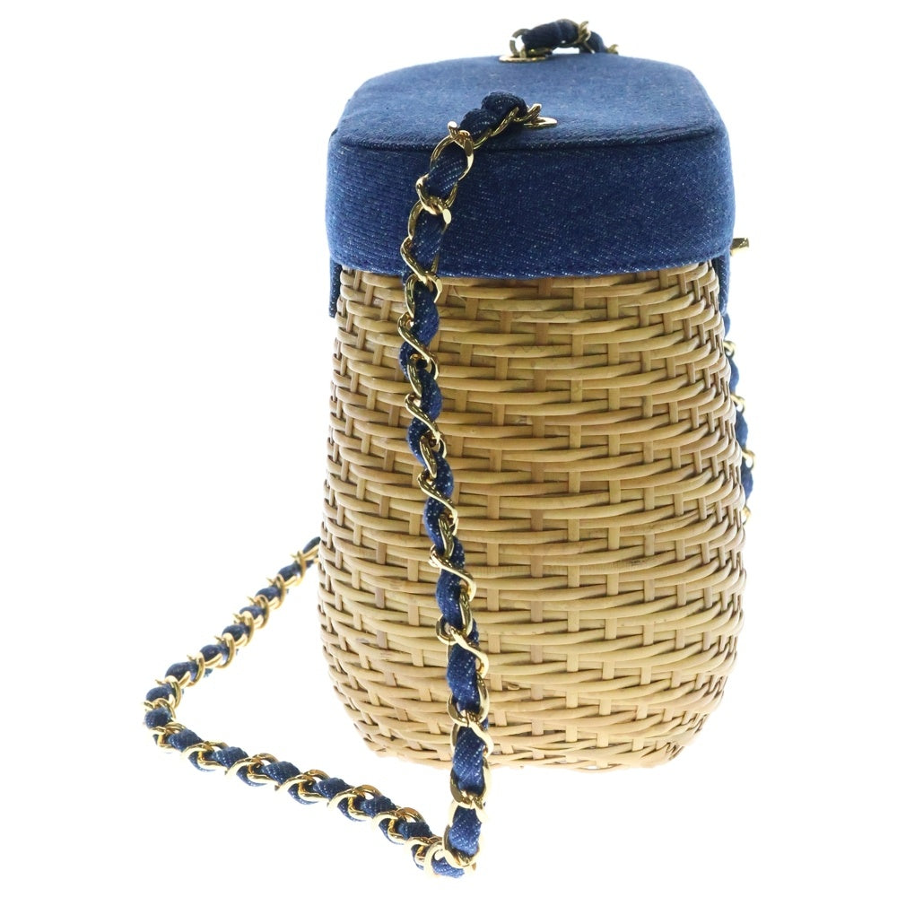 CHANEL(シャネル) ココマーク デニム切替ストローチェーンショルダーバッグ カゴバッグ ベージュ/インディゴブルー レディース
