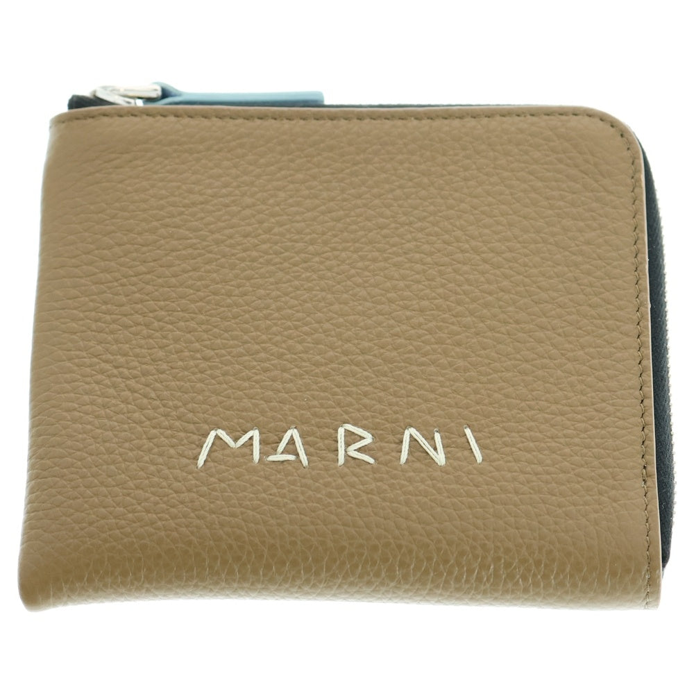 MARNI(マルニ) ロゴ刺繍 L字ジップ レザー コインケース ウォレット ブラウン/ライトブルー PFMI0095Q0