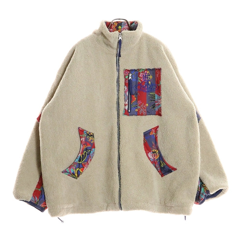 Vivienne Westwood(ヴィヴィアンウエストウッド) オーブロゴ刺繍 フラワープリント切り替え スタンドカラー ジップアップ ボアフリース ジャケット ベージュ/レッド VW-LP-86923