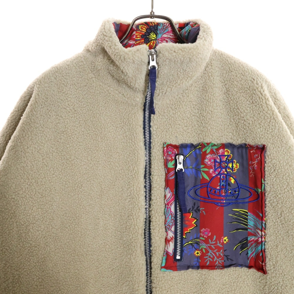 Vivienne Westwood(ヴィヴィアンウエストウッド) オーブロゴ刺繍 フラワープリント切り替え スタンドカラー ジップアップ ボアフリース ジャケット ベージュ/レッド VW-LP-86923