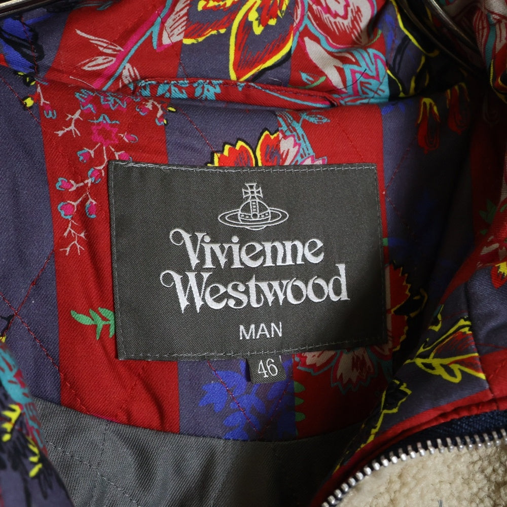 Vivienne Westwood(ヴィヴィアンウエストウッド) オーブロゴ刺繍 フラワープリント切り替え スタンドカラー ジップアップ ボアフリース ジャケット ベージュ/レッド VW-LP-86923