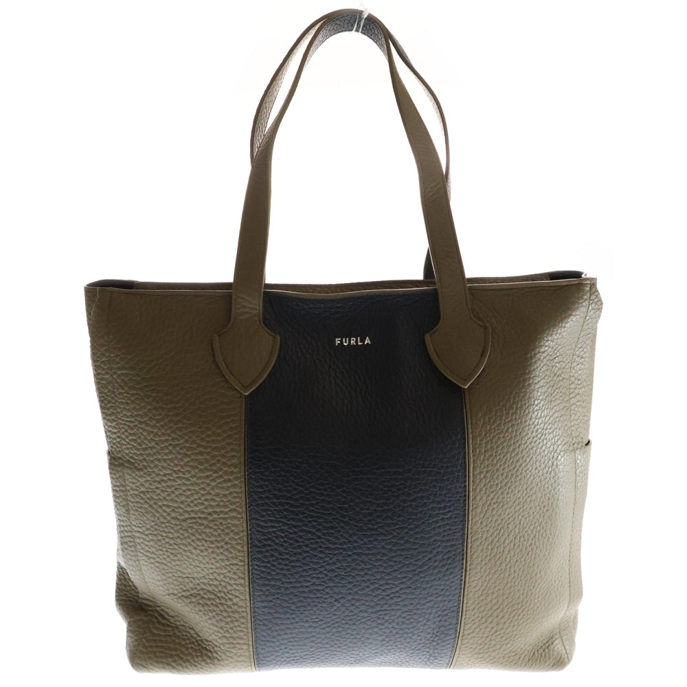 FURLA(フルラ) ロゴバイカラーレザートートバッグ ブラック/カーキ