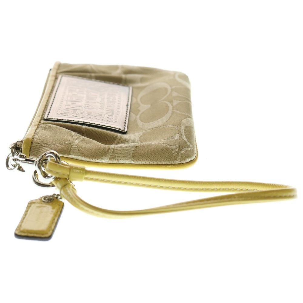 COACH(コーチ) シグネチャーポーチ ケース バッグチャーム 収納 イエロー×ベージュ レザー×キャンバス シルバー金具