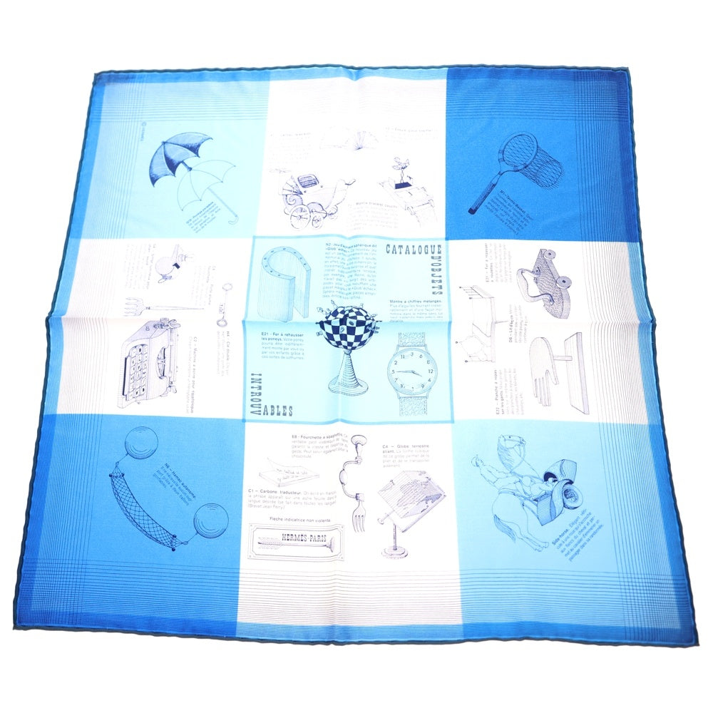 HERMES(エルメス) カレ45 LES OBJETS INTROUVABLES おかしな道具たち シルクスカーフ ライトブルー×ホワイト