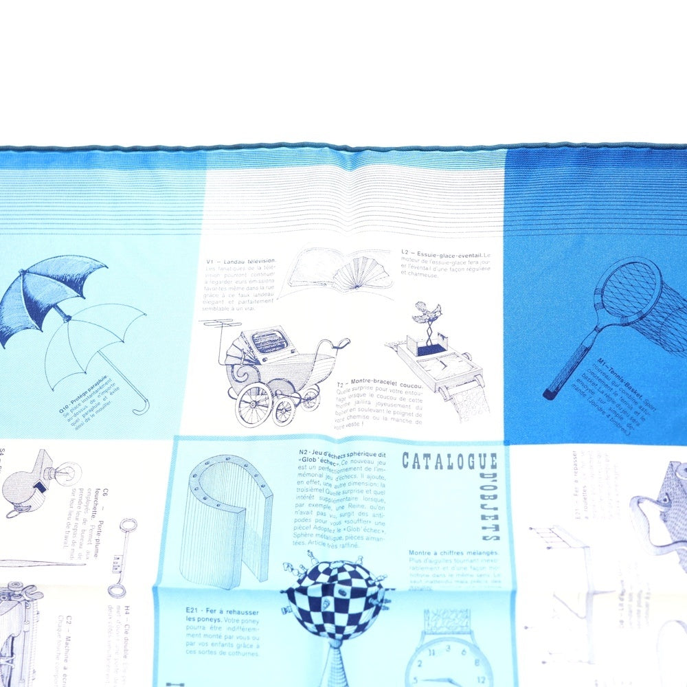 HERMES(エルメス) カレ45 LES OBJETS INTROUVABLES おかしな道具たち シルクスカーフ ライトブルー×ホワイト