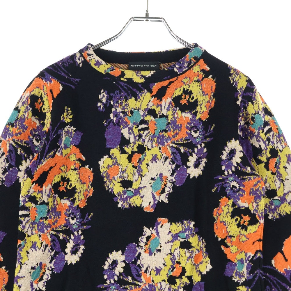 ETRO(エトロ) 17SS フラワー総柄ジャガード レーヨン クルーネック プルオーバー 長袖ニット セーター ブラック/オレンジ 172-15619-9257
