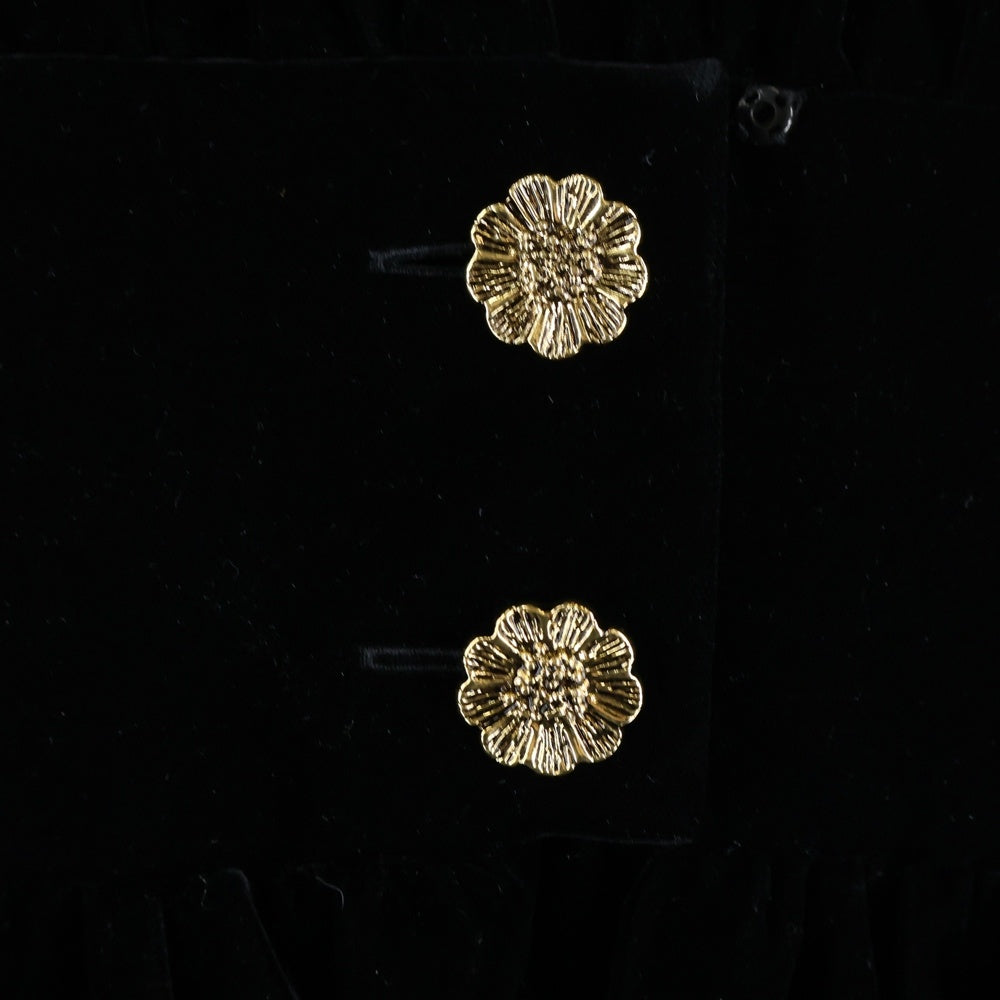 SAINT LAURENT PARIS(サンローランパリ) ベロア ベルベット ゴールドボタン Vネック レース切り替え ハーフスリーブ ギャザー タイト ミディアムワンピース ブラック レディース 703780