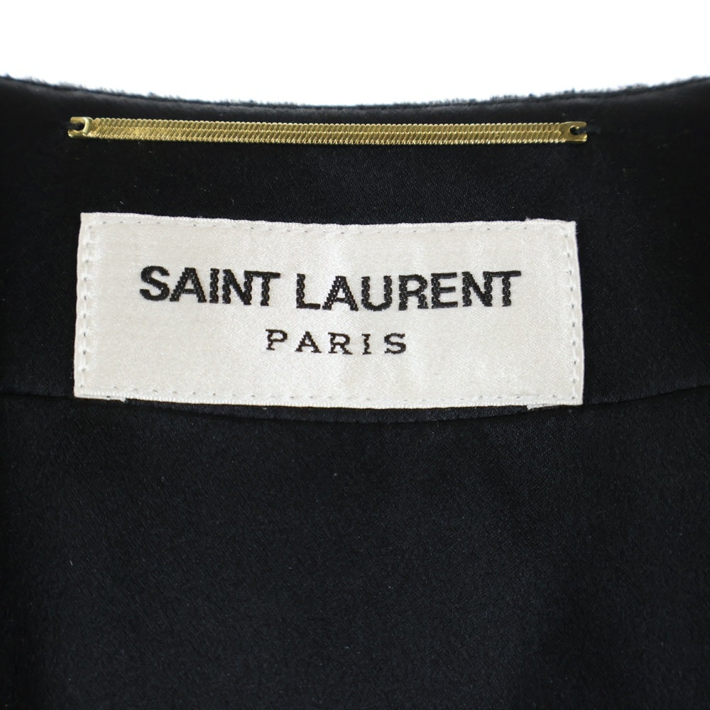 SAINT LAURENT PARIS(サンローランパリ) ベロア ベルベット ゴールドボタン Vネック レース切り替え ハーフスリーブ ギャザー タイト ミディアムワンピース ブラック レディース 703780