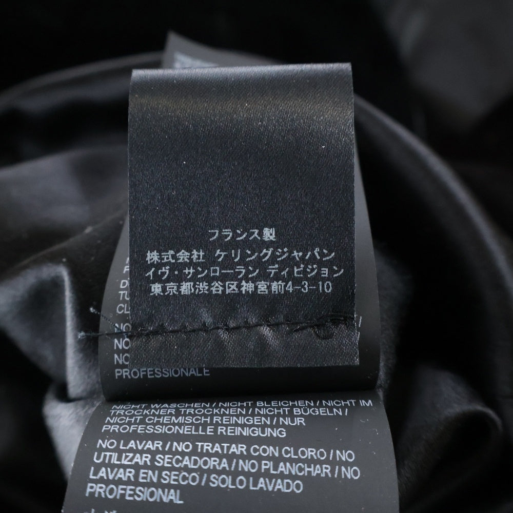 SAINT LAURENT PARIS(サンローランパリ) ベロア ベルベット ゴールドボタン Vネック レース切り替え ハーフスリーブ ギャザー タイト ミディアムワンピース ブラック レディース 703780