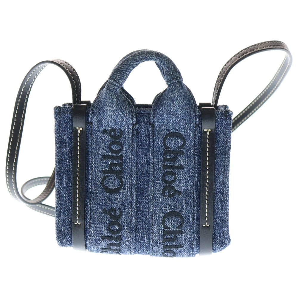 Chloe(クロエ) ウッディ ナノ ロゴ刺繍 デニム レザー ショルダーバッグ インディゴ/ブラック レディース