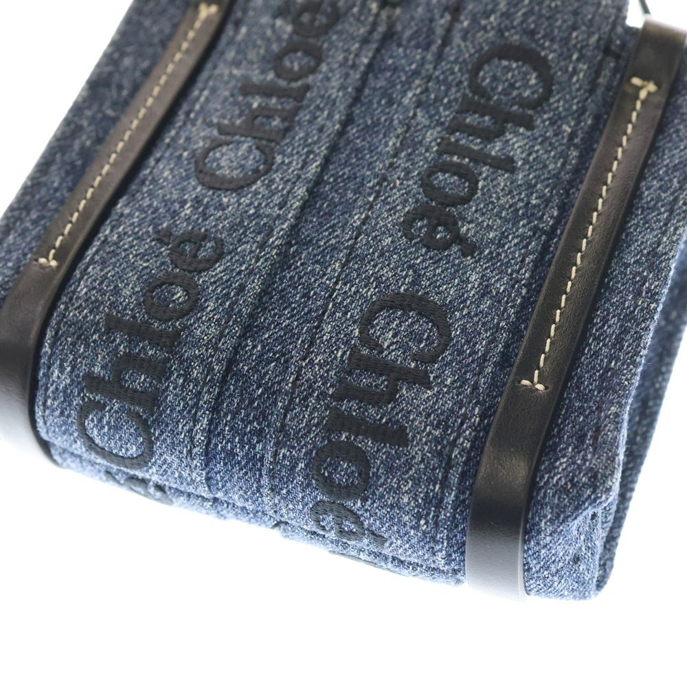 Chloe(クロエ) ウッディ ナノ ロゴ刺繍 デニム レザー ショルダーバッグ インディゴ/ブラック レディース