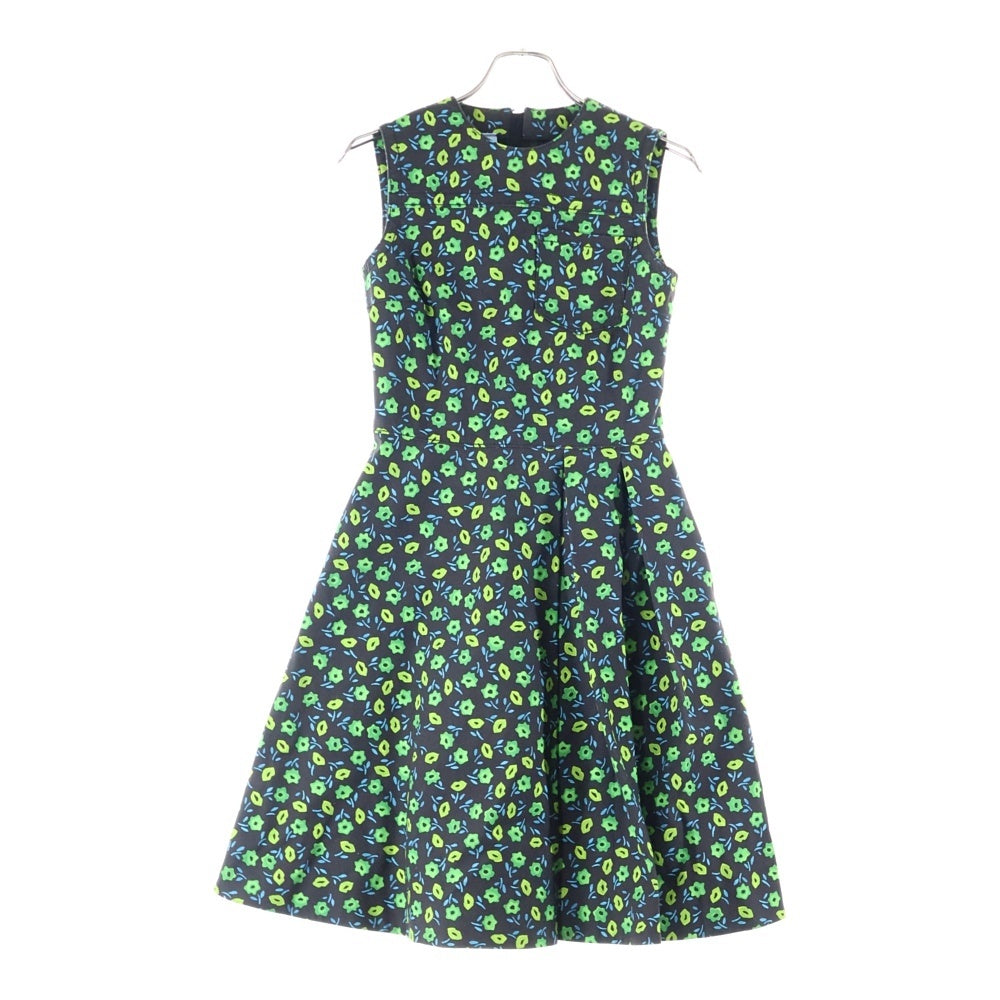 PRADA(プラダ) 16SS フラワー総柄プリント デニム クルーネック ノースリーブ ミディアム フレア ワンピース ブラック/グリーン レディース GFA089