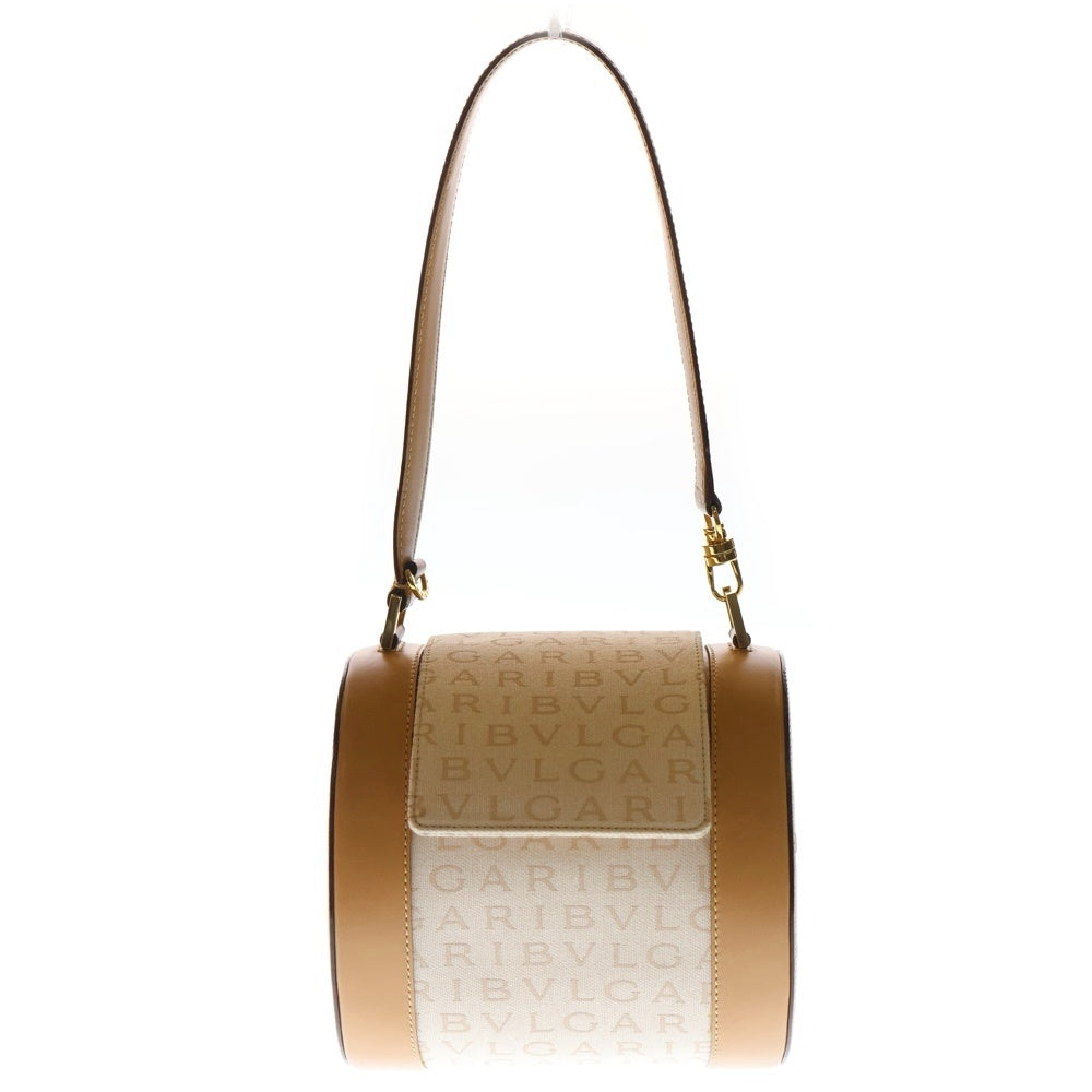 BVLGARI(ブルガリ) ドラムバッグ ロゴマニア ハンドバッグ ベージュ キャンバス×レザー レディース