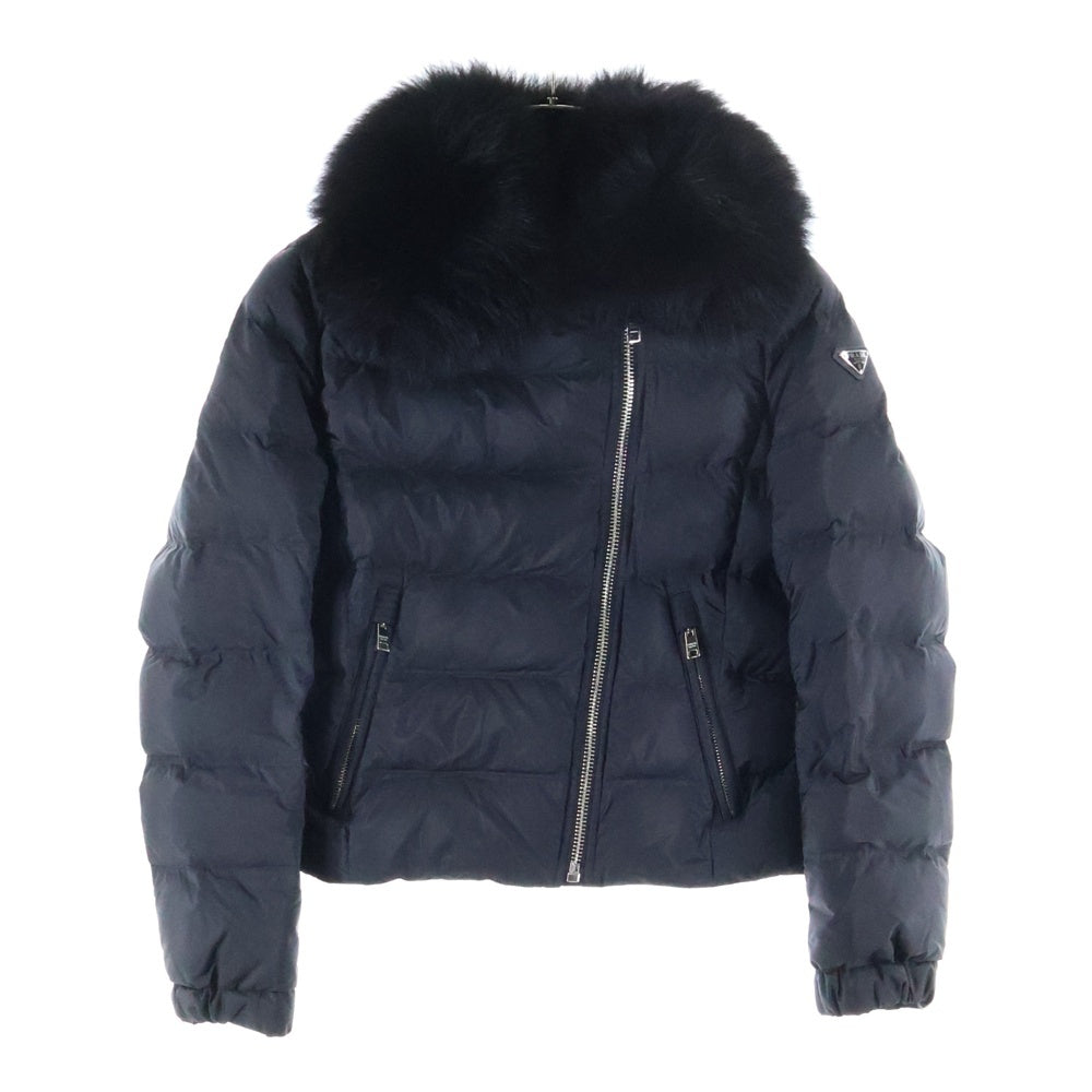 PRADA(プラダ) 19AW ブルー トライアングルロゴプレート ジップアップ ダウン ライダースジャケット ブラック レディース 29X510