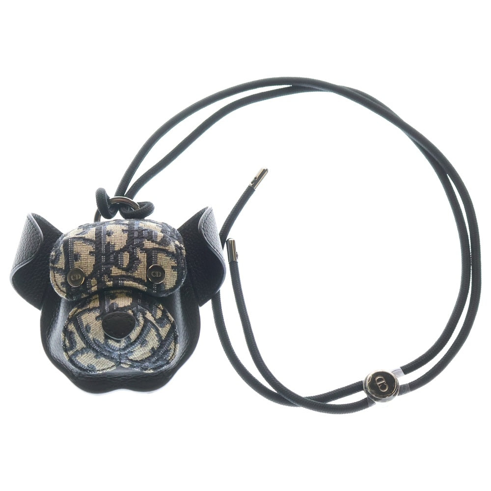 Christian Dior(クリスチャンディオール) オブリーク Bobby ベアー クマ イヤフォンケース エアーポッズケース バッグチャーム ネイビー キャンバス×レザー シルバー金具 レディース