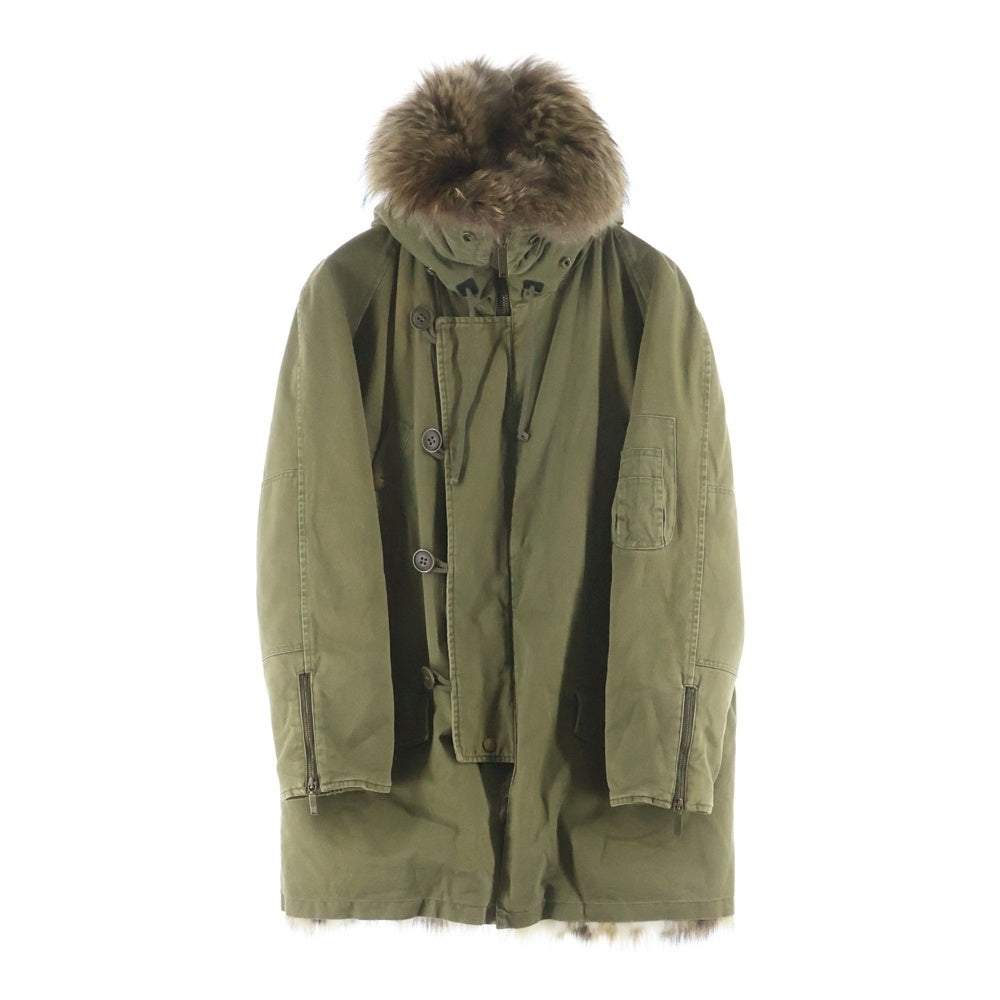 SAINT LAURENT PARIS(サンローランパリ) ラクーンファー ライニング フーデッド ジップアップ ロングジャケット モッズコート カーキ レディース 487861