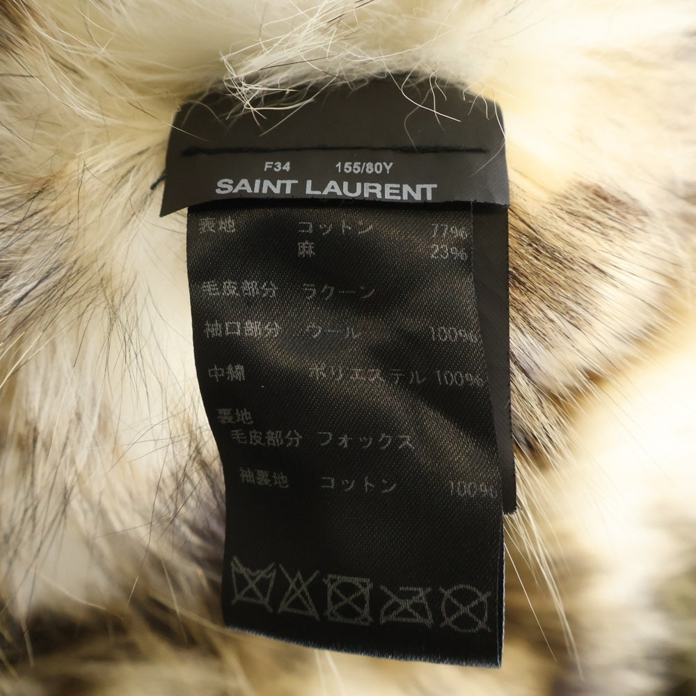 SAINT LAURENT PARIS(サンローランパリ) ラクーンファー ライニング フーデッド ジップアップ ロングジャケット モッズコート カーキ レディース 487861