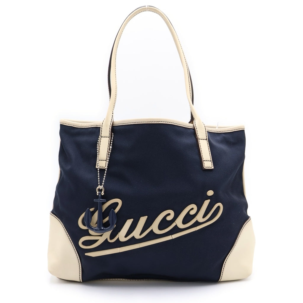 GUCCI(グッチ) マリン トートバッグ ハンドバッグ ネイビー×ホワイト レザー シルバー金具 レディース