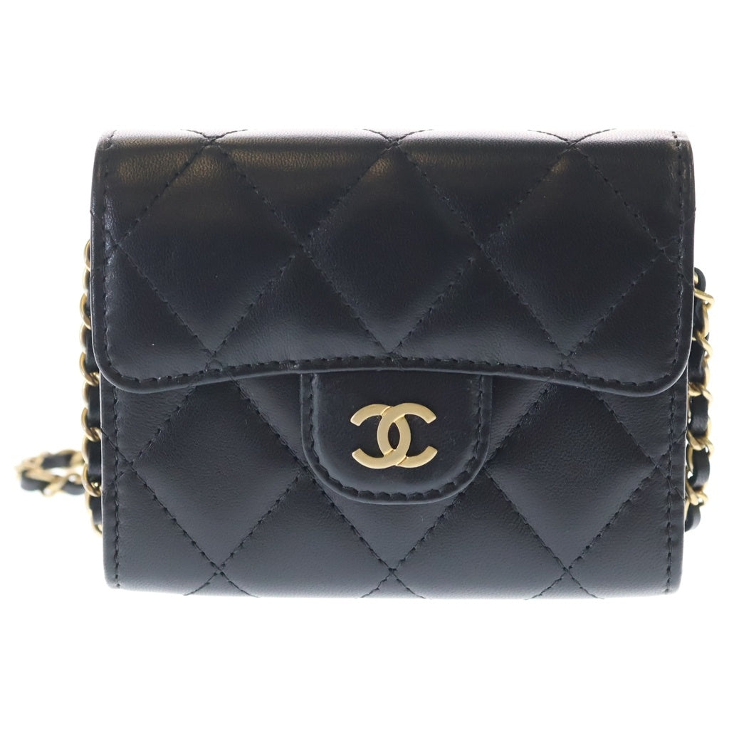 CHANEL(シャネル) マトラッセ ラムスキン ゴールド金具 チェーンショルダーウォレット 財布 コインケース A81465 ブラック レディース