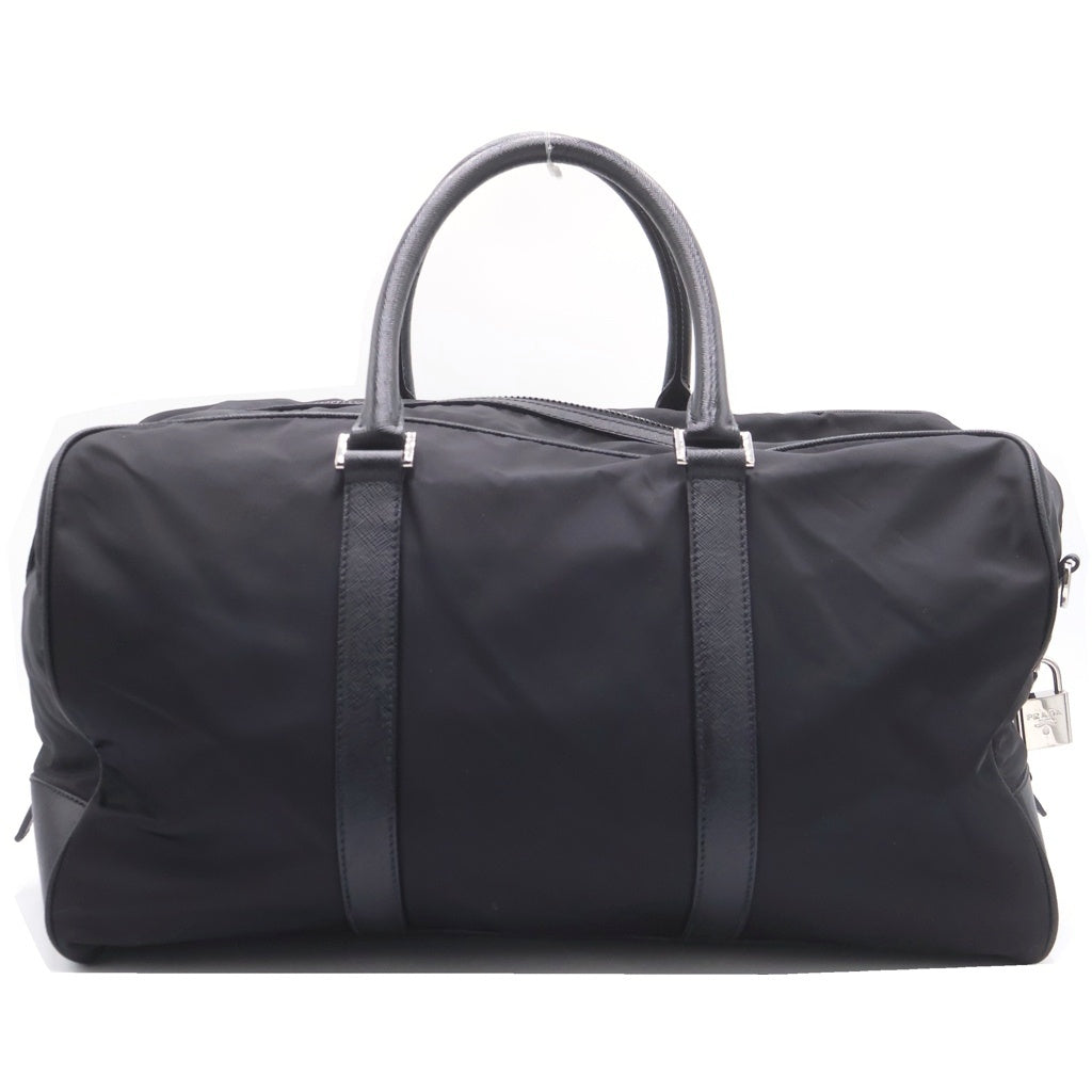 PRADA(プラダ) テスート ナイロン トライアングルロゴプレート ボストンバッグ シルバー金具 ブラック