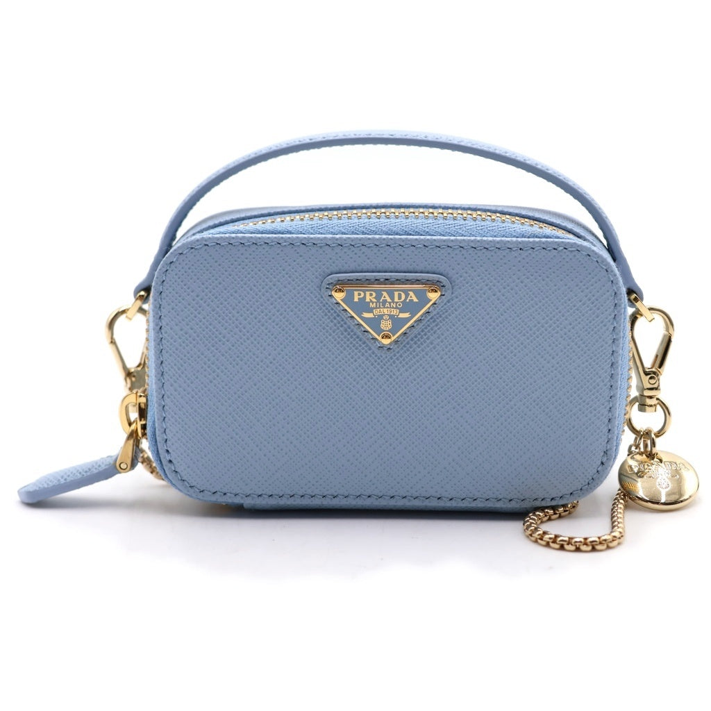 PRADA(プラダ) サフィアーノトライアングル ミニポーチショルダーバッグ ライトブルー レザー 1NR025 ゴールド金具 レディース