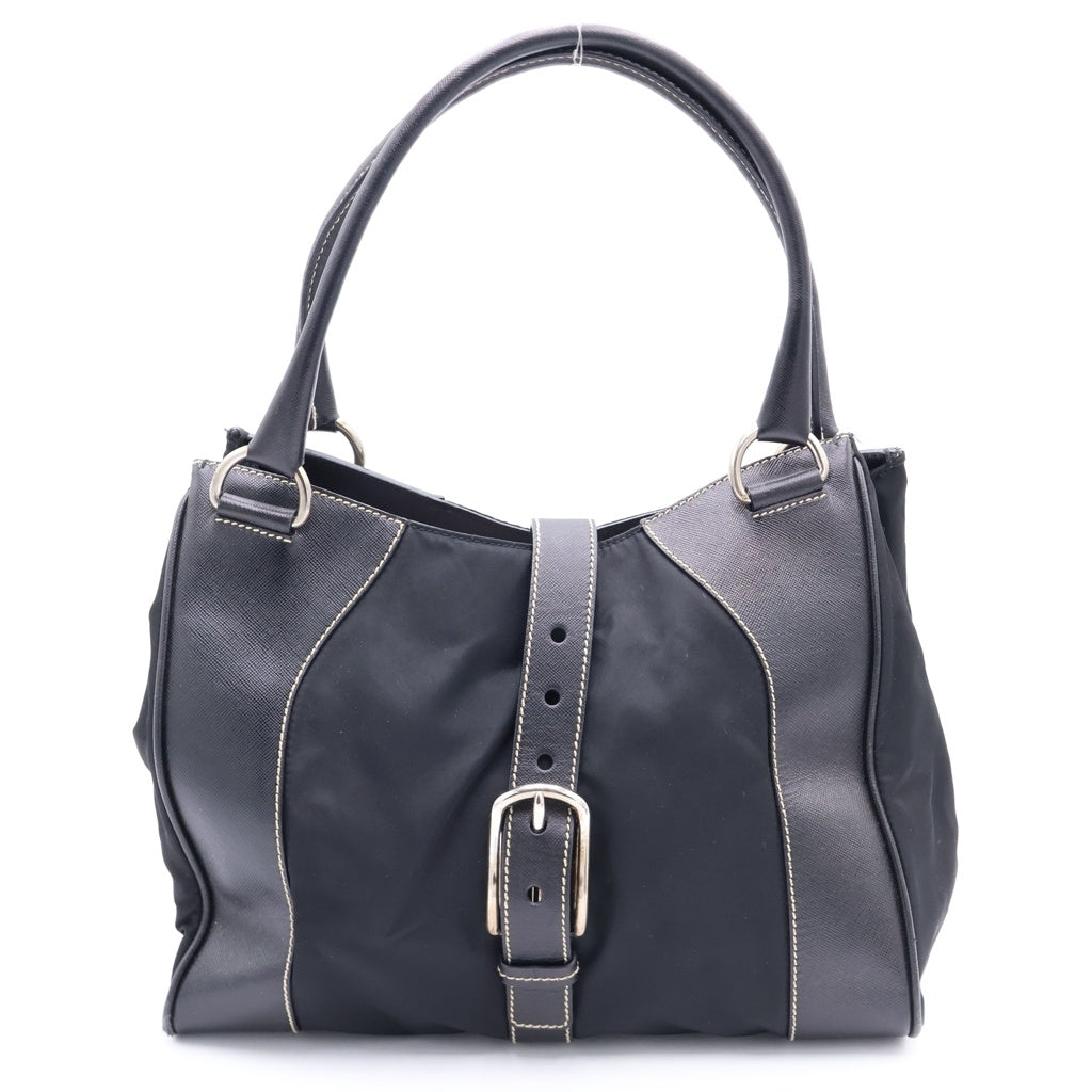 PRADA(プラダ) トライアングルロゴ ナイロン レザー ベルト ハンドバッグ ショルダーバッグ ブラック レディース
