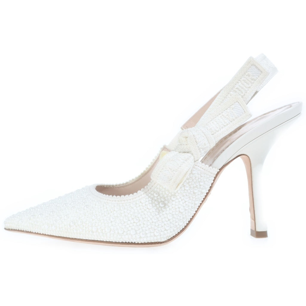 Christian Dior(クリスチャンディオール) J'Adior ロゴ スリングバックパンプス レザー ラインストーン ポインテッドトゥ ピンヒール サンダル シューズ #37 ホワイト レディース