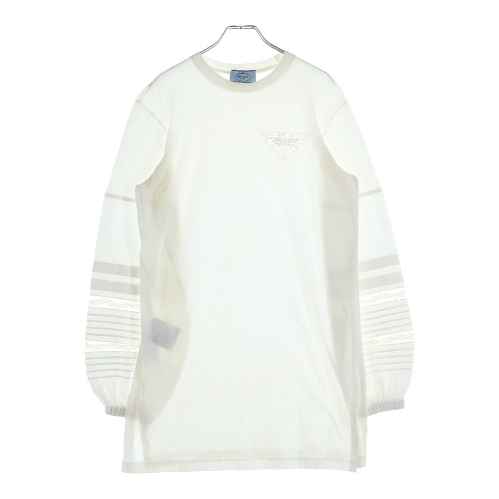PRADA(プラダ) トライアングルロゴ レース コットン ロングスリーブ Tシャツ ワンピース #XS ホワイト 34639R レディース