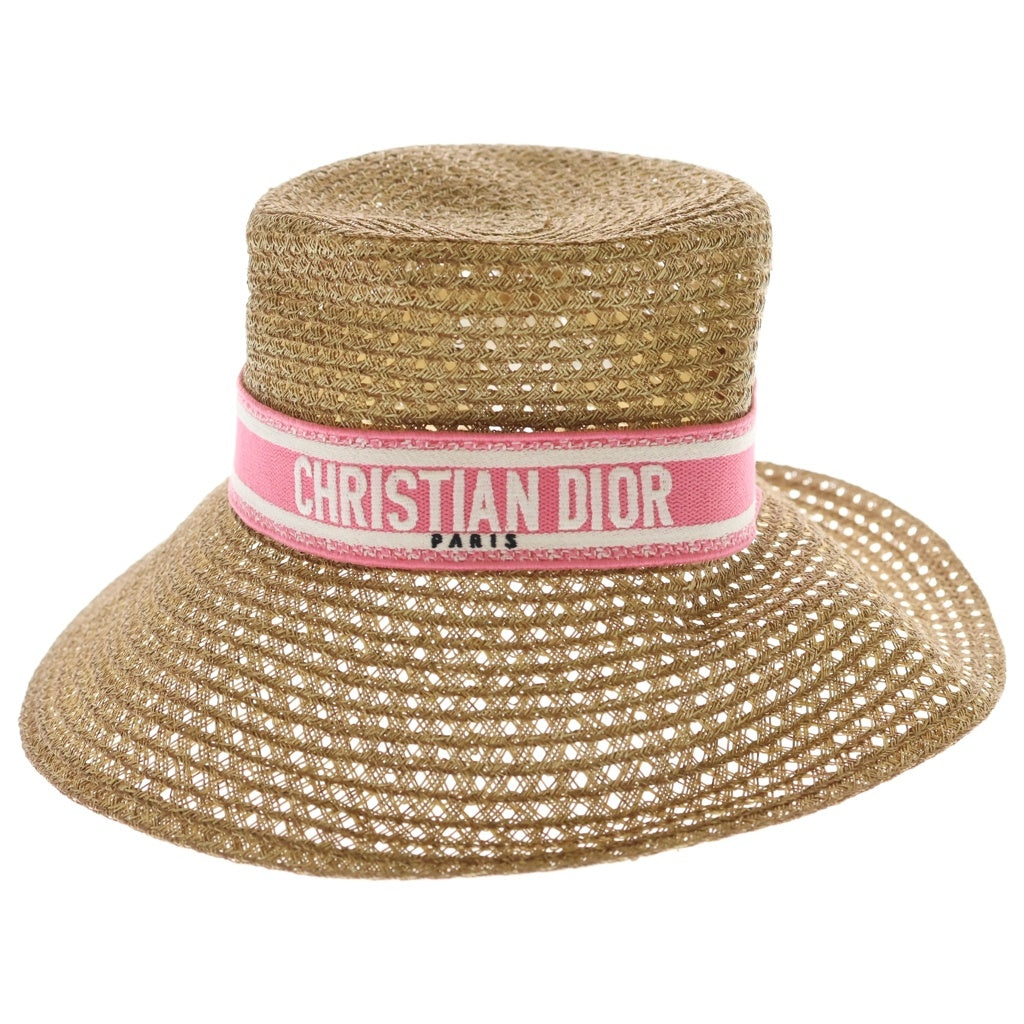 Christian Dior(クリスチャンディオール) D-Bobby シグネチャー ストロー×リボン ボブハット 麦わら帽子 #56 ピンク/ ベージュ レディース