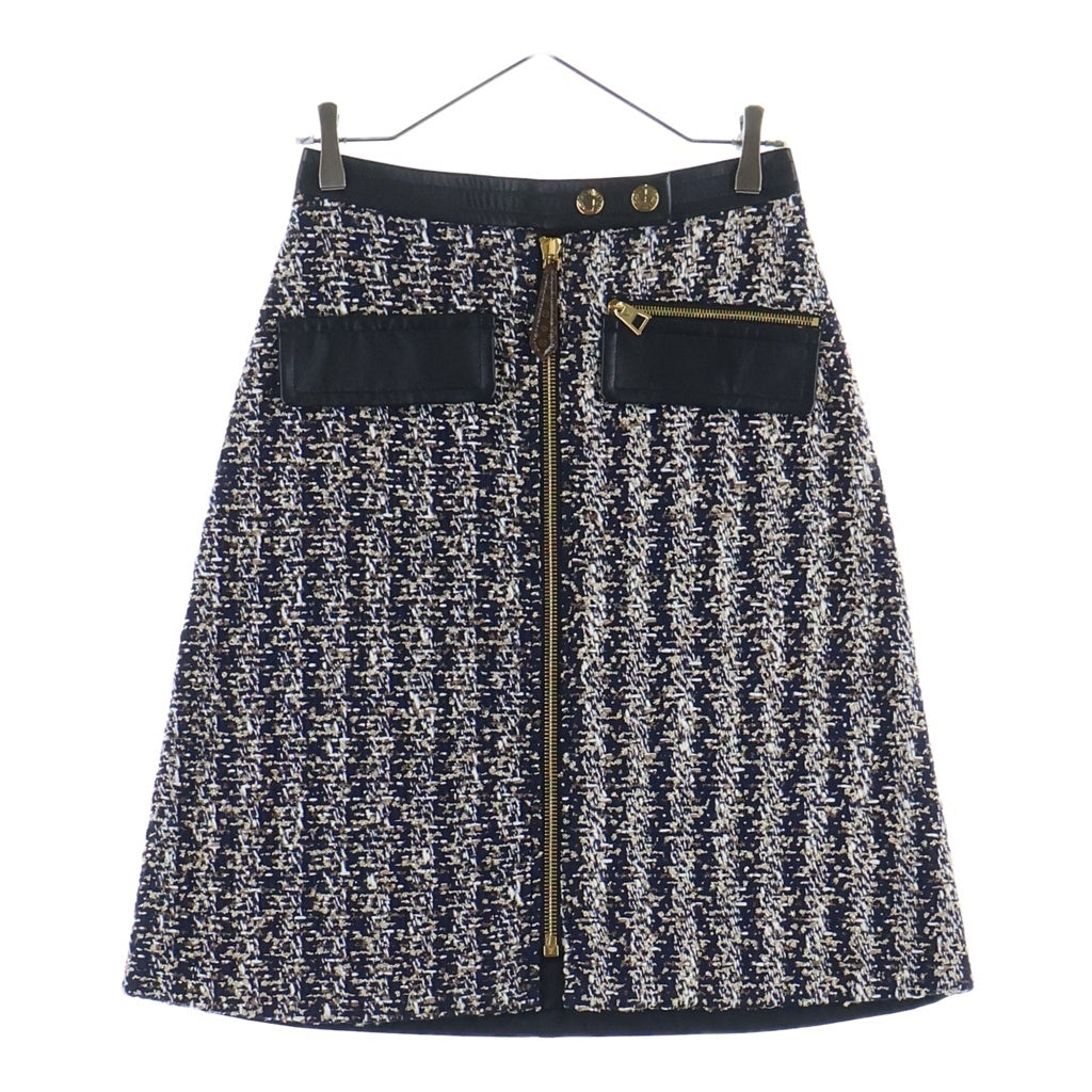 LOUIS VUITTON(ルイヴィトン) ルレックス ツイード ウール×コットン レザースカート ミディアムスカート フロントジップスカート #34 ブラック RW232W FG9 FPSK03 レディース