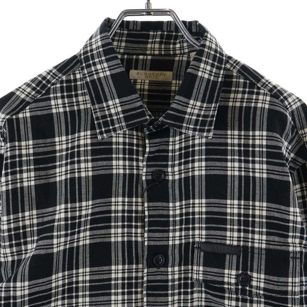 BURBERRY(バーバリー) 胸ロゴパッチ 長袖ウールチェックシャツ リネン混 ブラック/ホワイト 3984993
