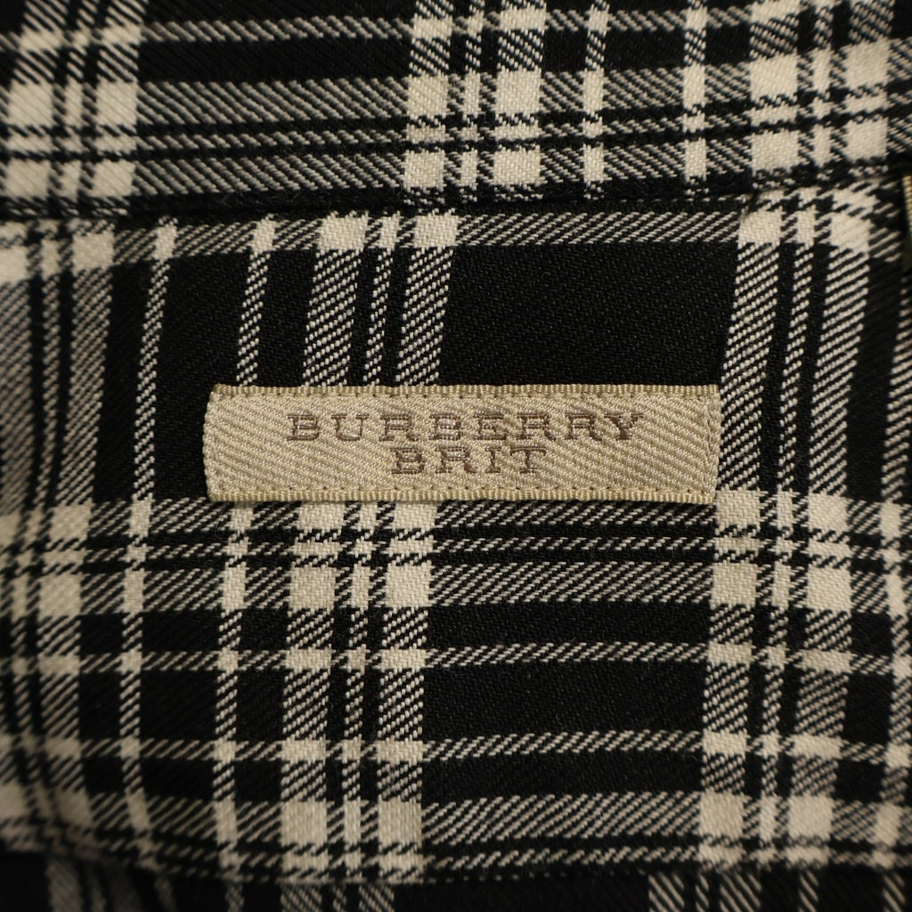 BURBERRY(バーバリー) 胸ロゴパッチ 長袖ウールチェックシャツ リネン混 ブラック/ホワイト 3984993