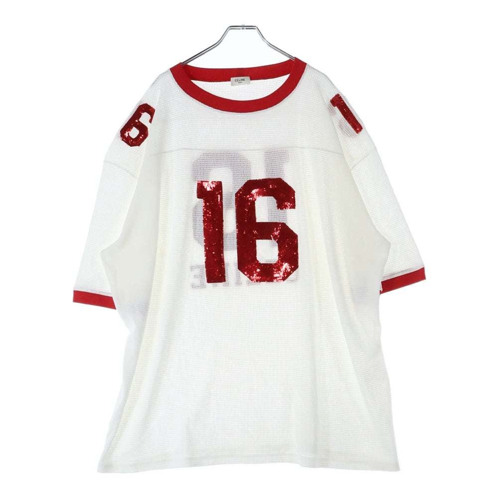 CELINE(セリーヌ) 16 EMBROIDERED T-SHIRT IN JERSEY MESH ナンバリング スパンコール メッシュ半袖Tシャツ カットソー ホワイト/レッド 2X18D818I