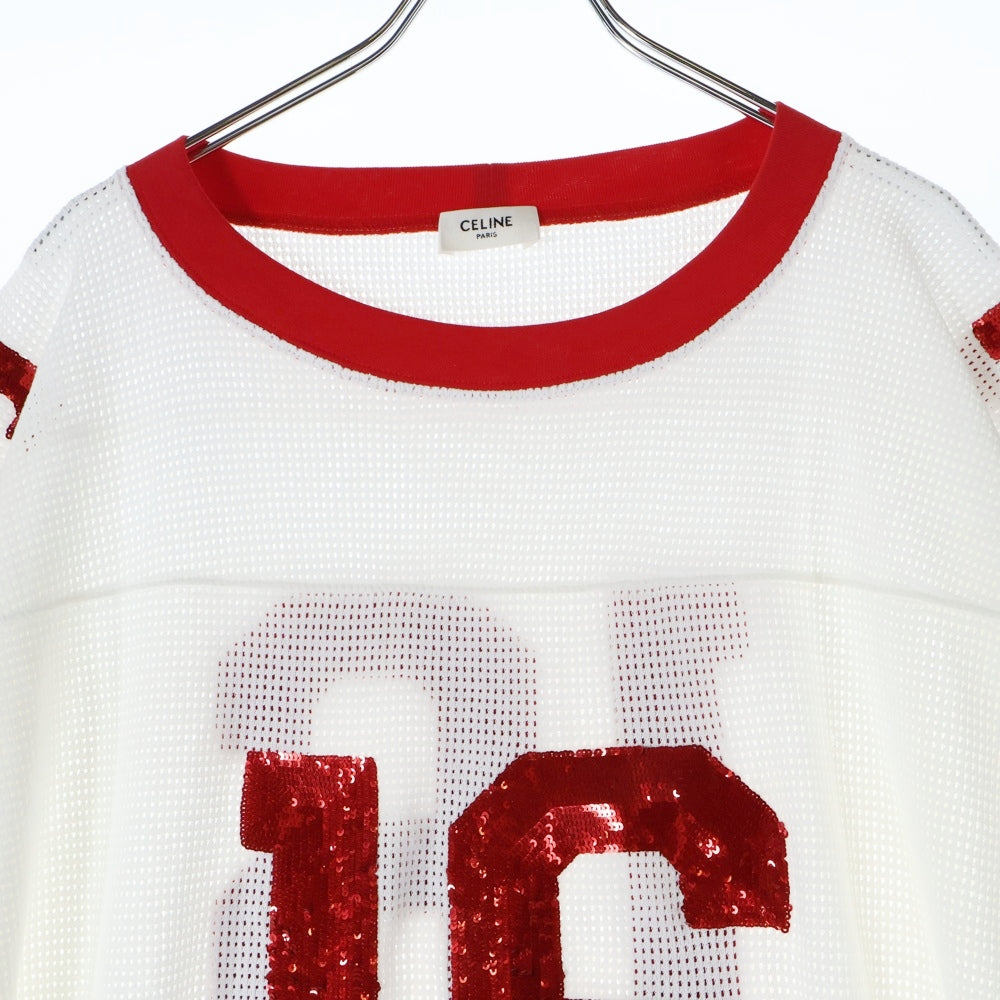 CELINE(セリーヌ) 16 EMBROIDERED T-SHIRT IN JERSEY MESH ナンバリング スパンコール メッシュ半袖Tシャツ カットソー ホワイト/レッド 2X18D818I