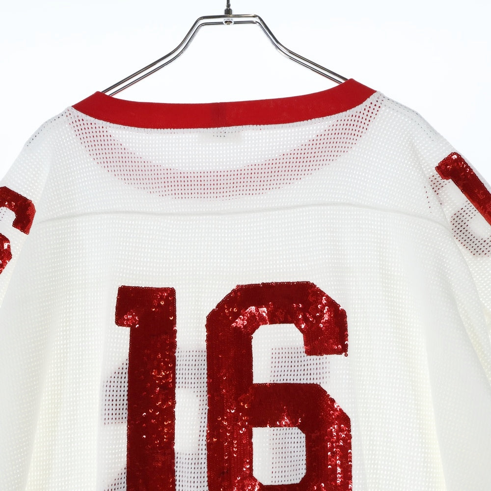 CELINE(セリーヌ) 16 EMBROIDERED T-SHIRT IN JERSEY MESH ナンバリング スパンコール メッシュ半袖Tシャツ カットソー ホワイト/レッド 2X18D818I