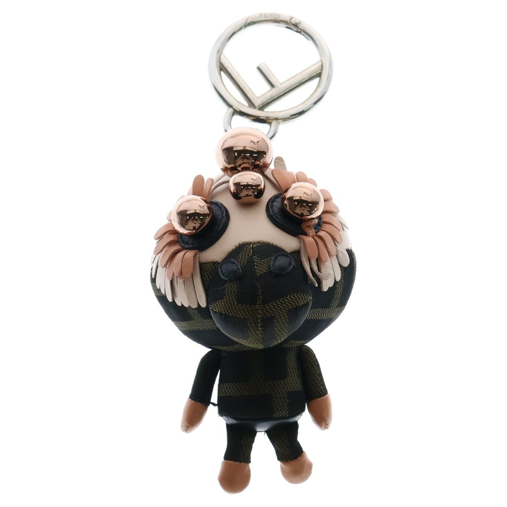 FENDI(フェンディ) ズッカ モンキー バッグチャーム キーホルダー ブラウン×ピンク レザー×キャンバス