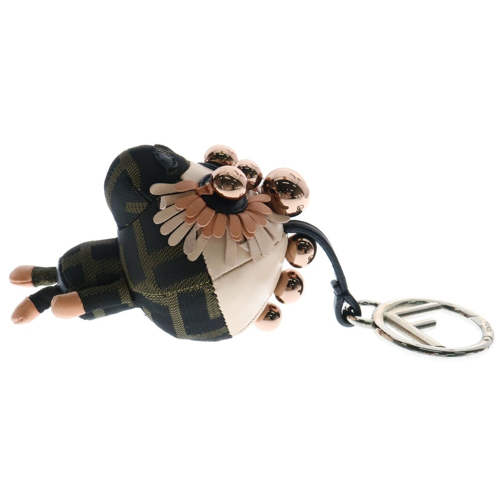 FENDI(フェンディ) ズッカ モンキー バッグチャーム キーホルダー ブラウン×ピンク レザー×キャンバス