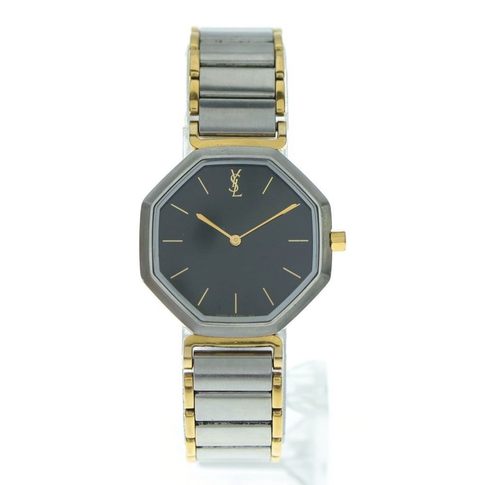 YVES SAINT LAURENT(イヴサンローラン) オクタゴン レディースウォッチ 黒文字盤 ステンレスウォッチ 腕時計 シルバー/ゴールド SS/QZ 2200-222377