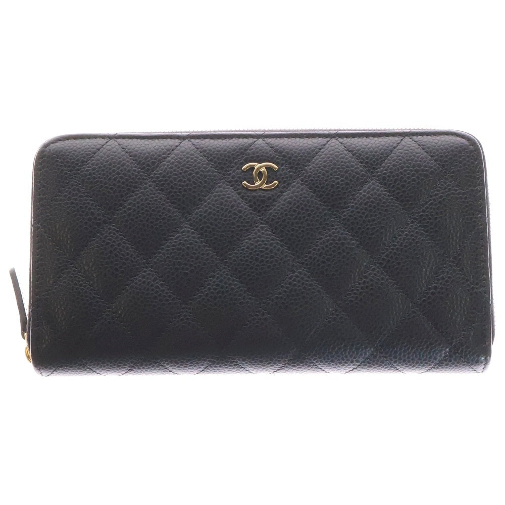 CHANEL(シャネル) マトラッセ クラシック ラウンドジップ キャビアスキン ロングウォレット 長財布 ブラック ゴールド金具 A50097