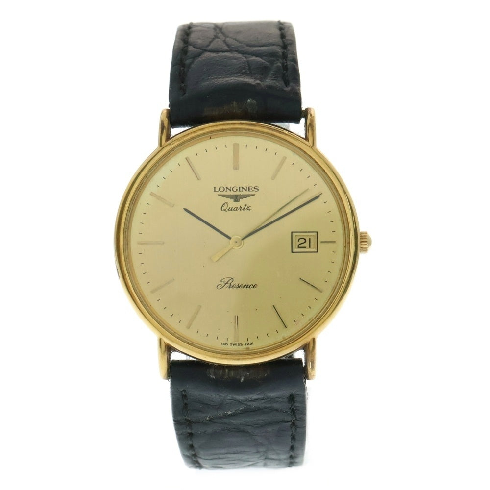 LONGINES(ロンジン) プレゼンス ゴールド文字盤 腕時計 ウォッチ ブラック SS×レザー/QZ L4.720.2