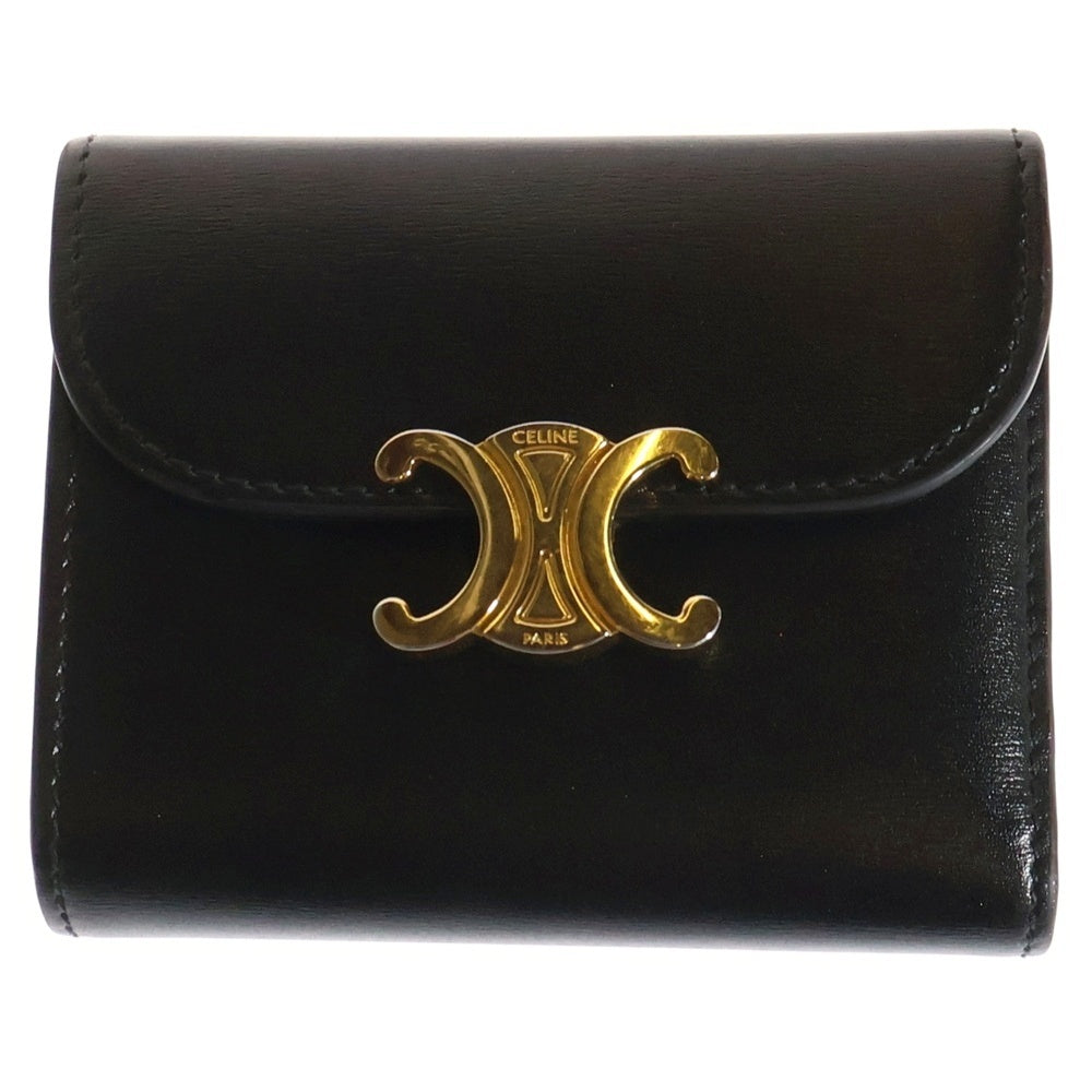 CELINE(セリーヌ) トリオンフ ロゴプレート スモールフラップ レザー コンパクトウォレット 三つ折り財布 ゴールド金具 ブラック
