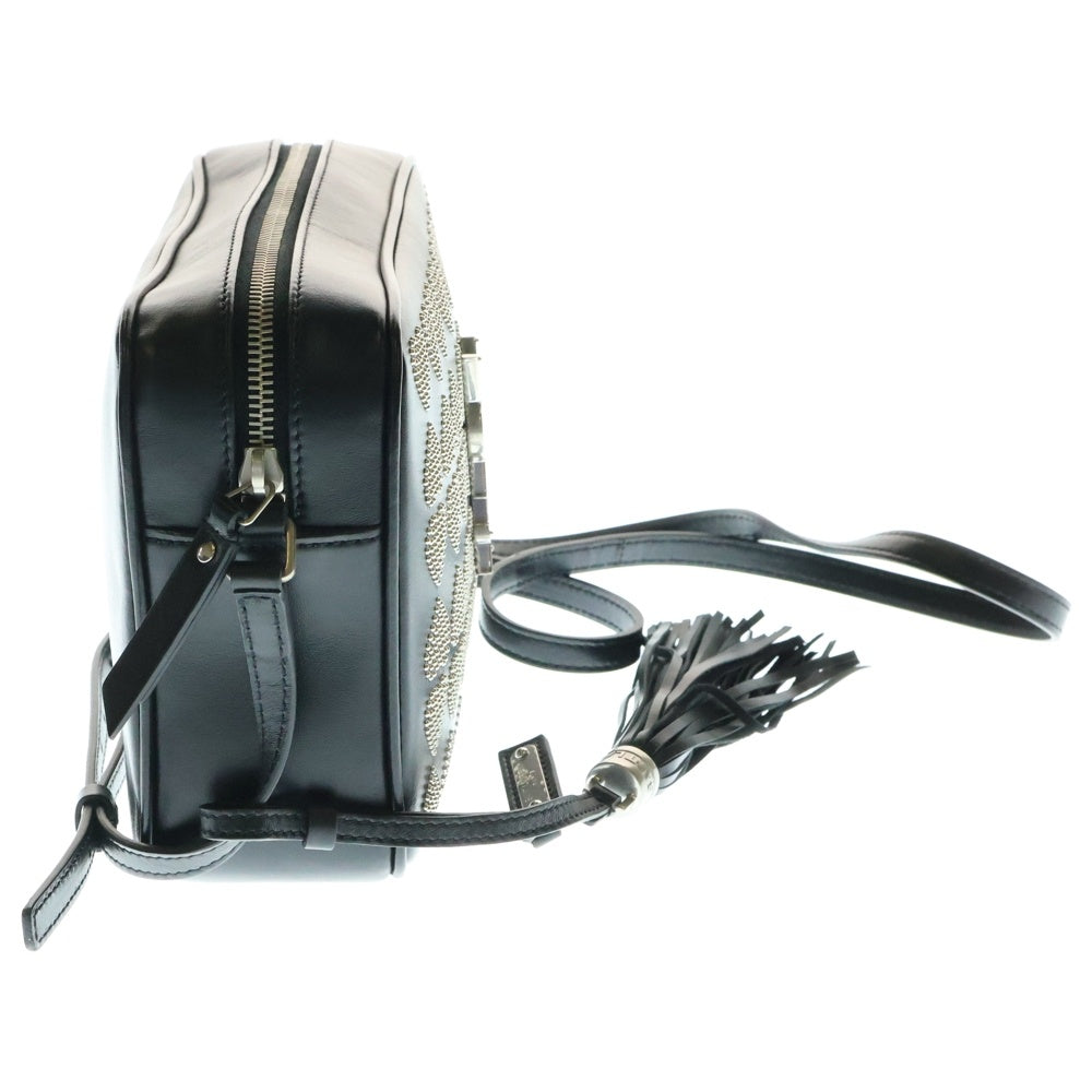 YVES SAINT LAURENT(イヴサンローラン) ハートスタッズ ショルダーバッグ ブラック シルバー金具 フリンジ レザー